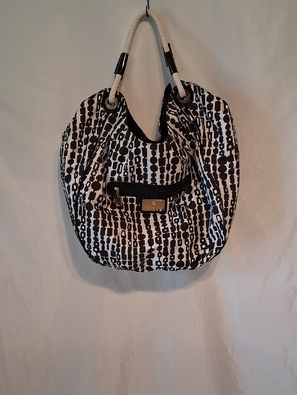 Trina Turk Black White Geometric Dot Stripe Rope Handle Bag
